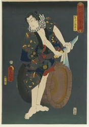 Der Schauspieler Kawarazaki Gonjuro I als Osarabakuzo Denji, aus der Serie Diebe in Designs der Zeit, 1859